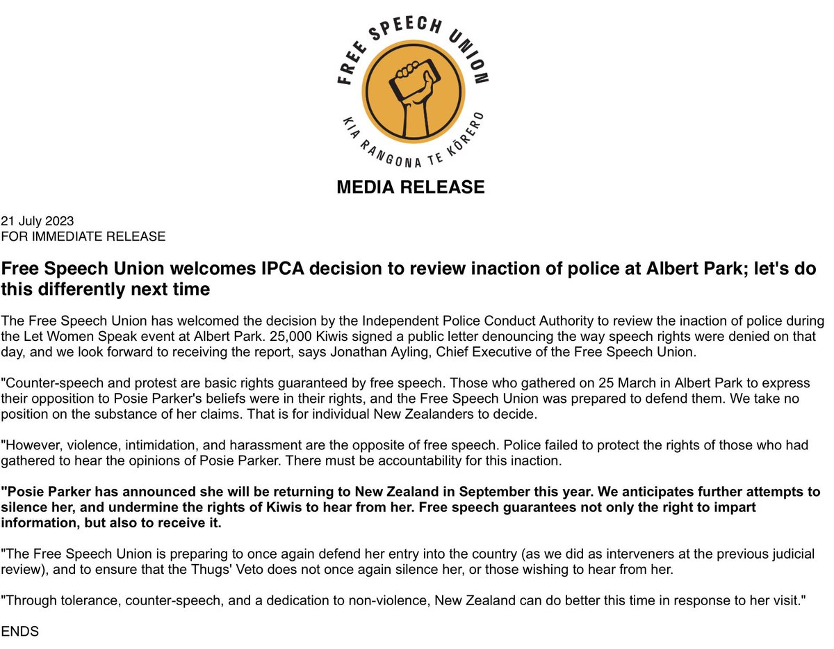 Free Speech Union welcomes IPCA decision to review inaction of police at Albert Park; let's do this differently next time